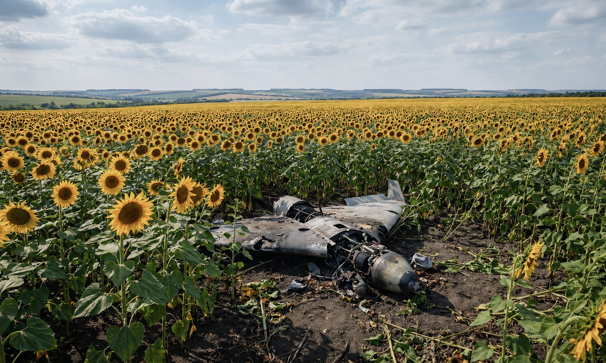 A downed Shahed drone lying in a sunflower field