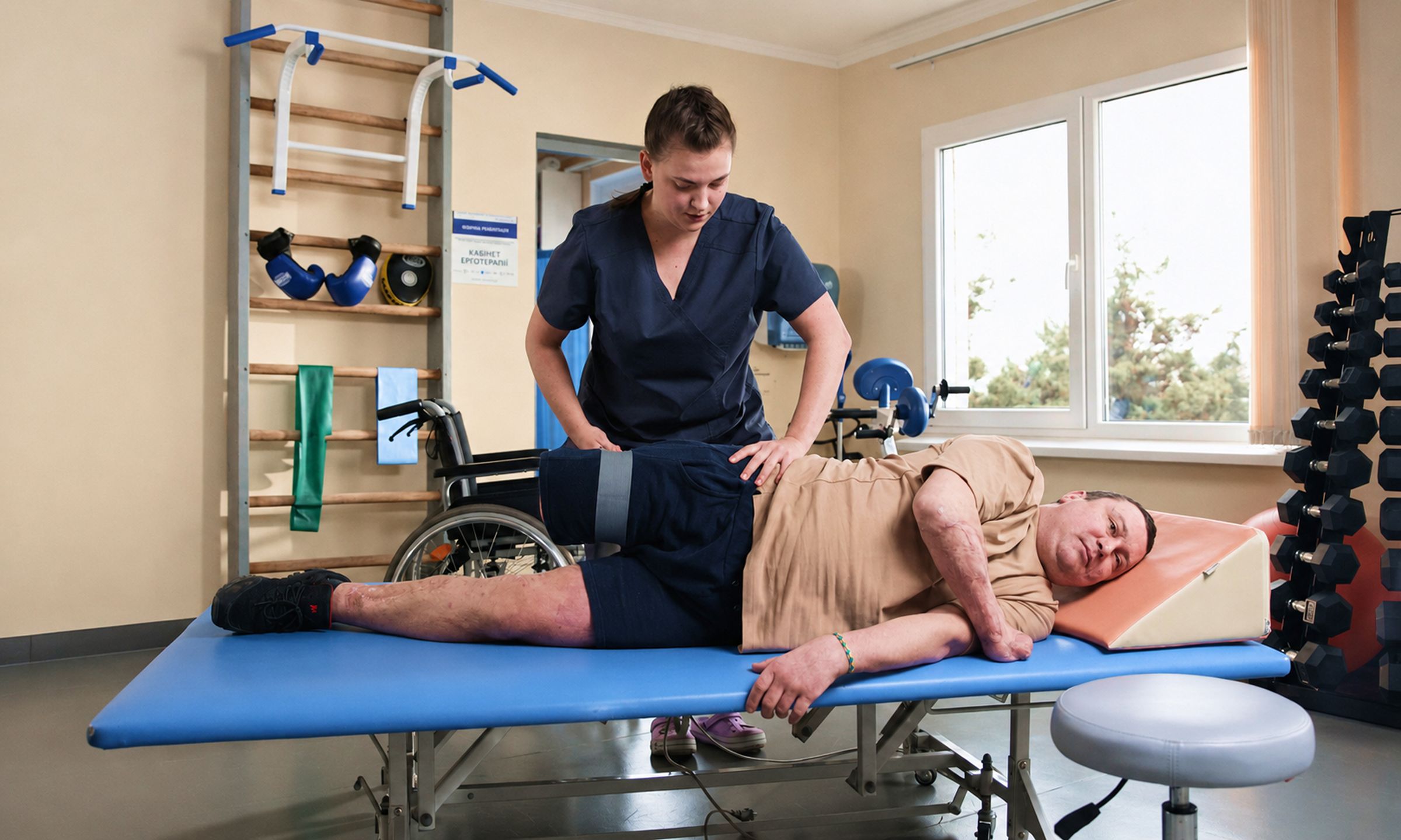 A rehabilitation therapist works with a veteran in an occupational therapy room