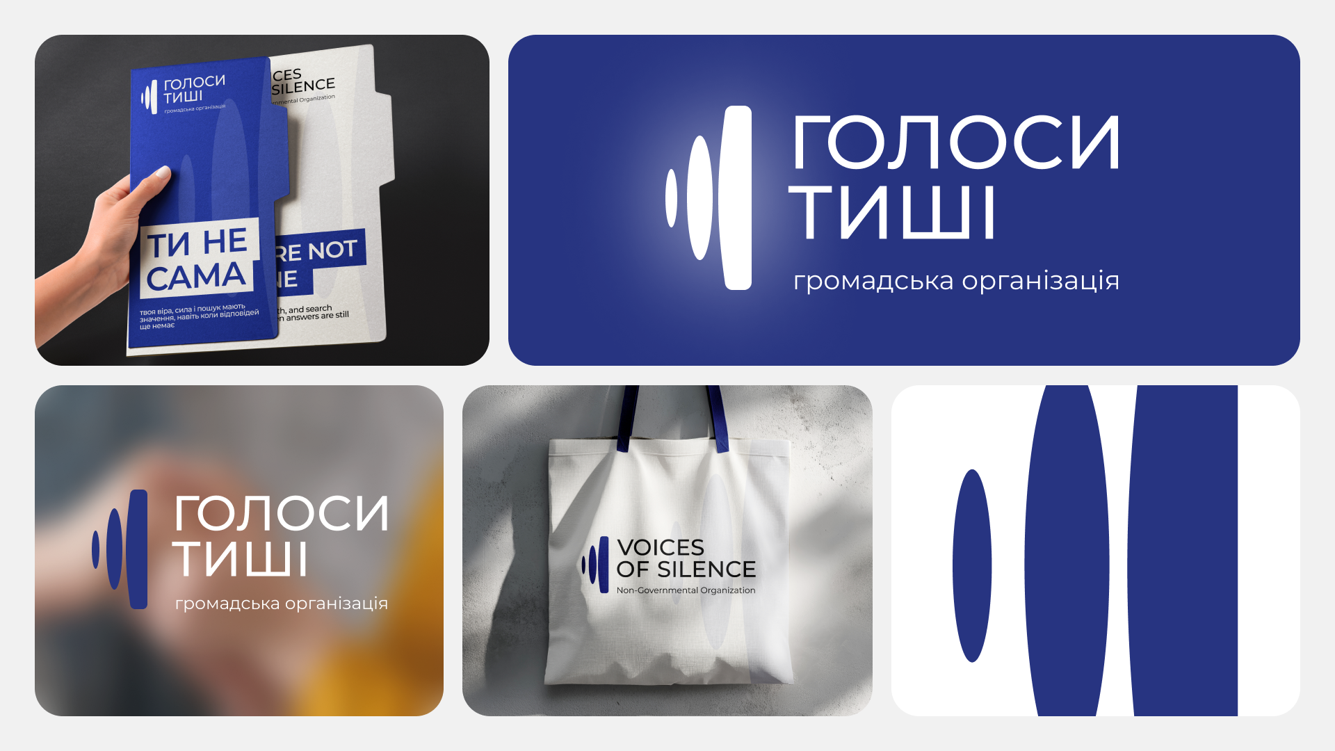 Visual identity overview: logo, folders and tote bag