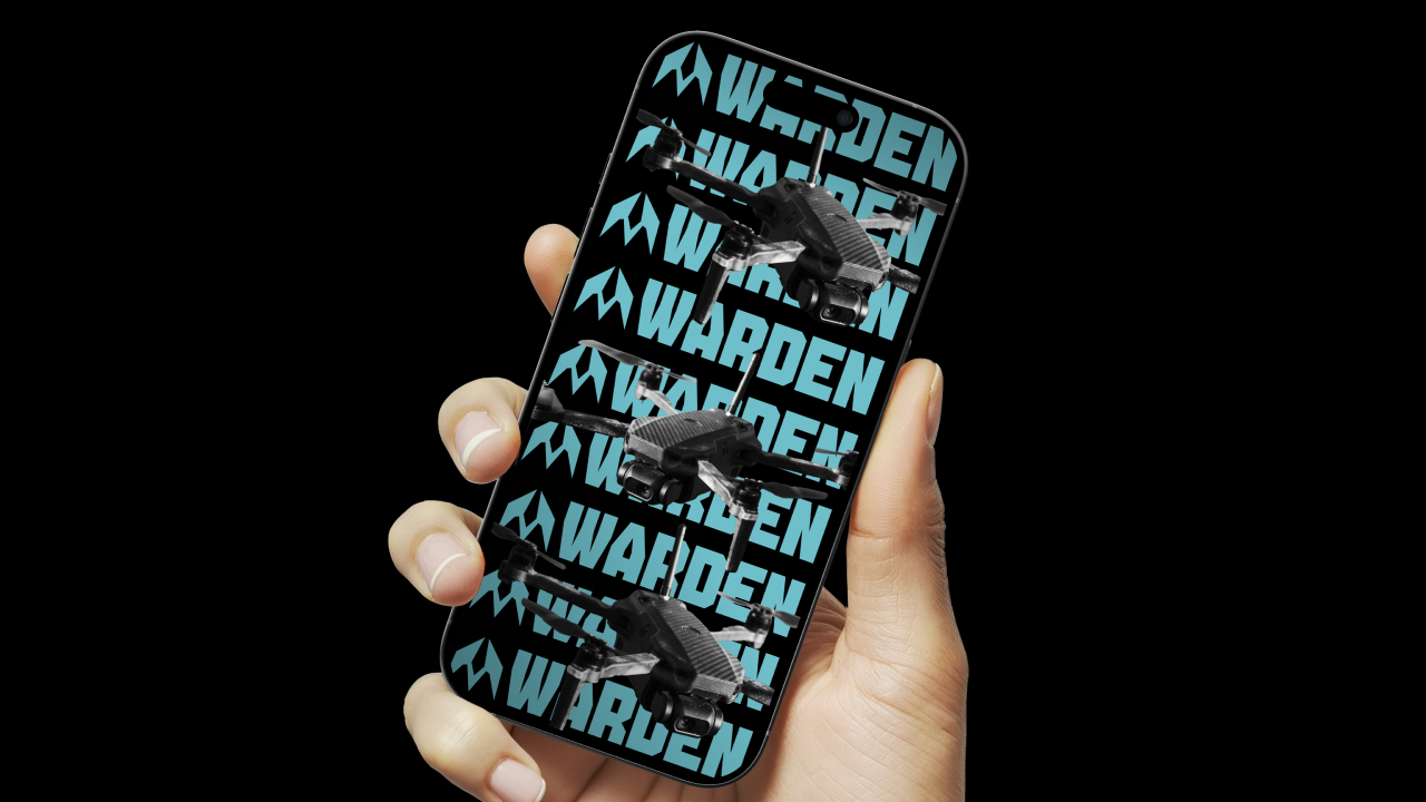 Presentation mockup of a phone displaying the repeated WARDEN wordmark
